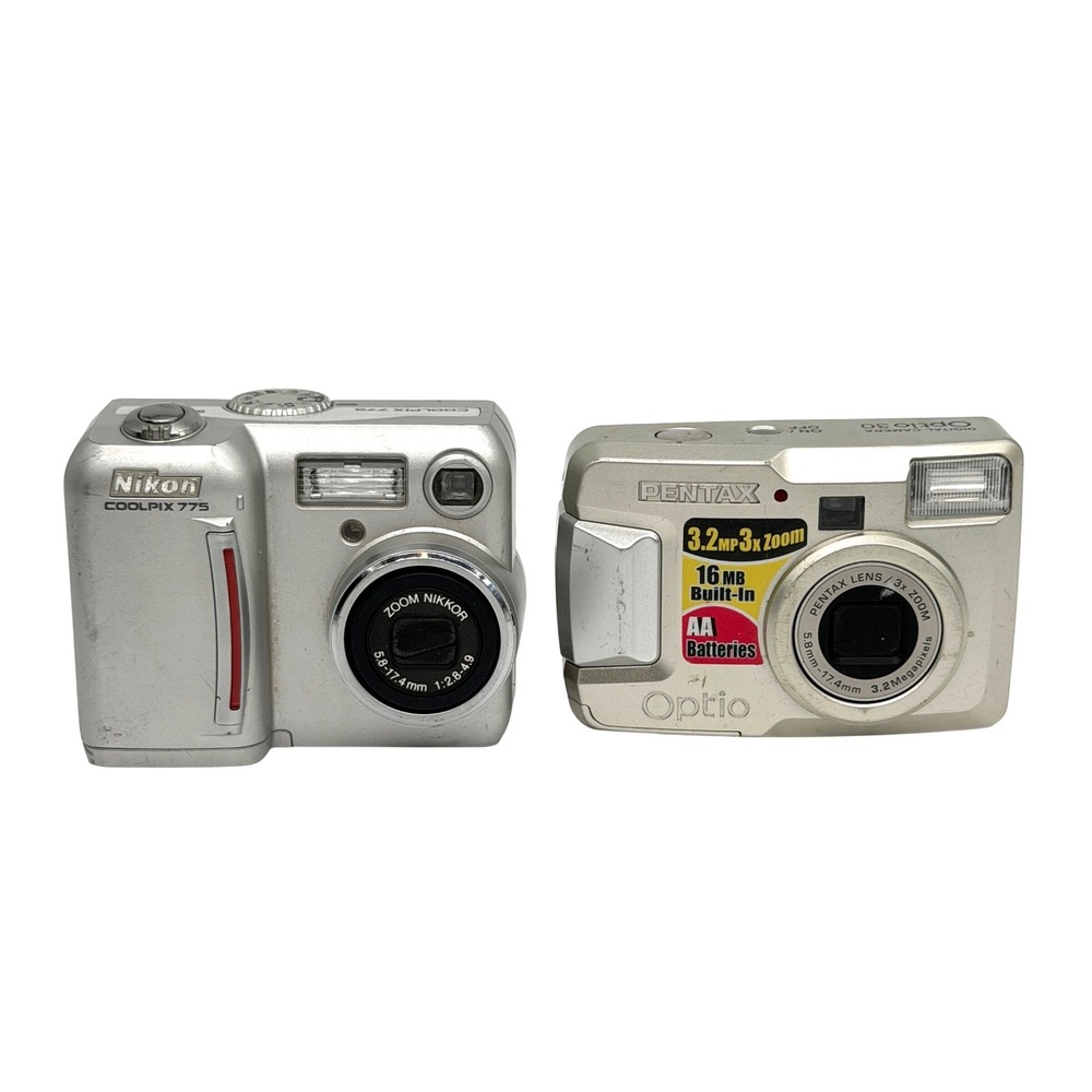 Nikon Coolpix 775 & Pentax Optio 30 Digital Camera Lot Silver Untested For Parts